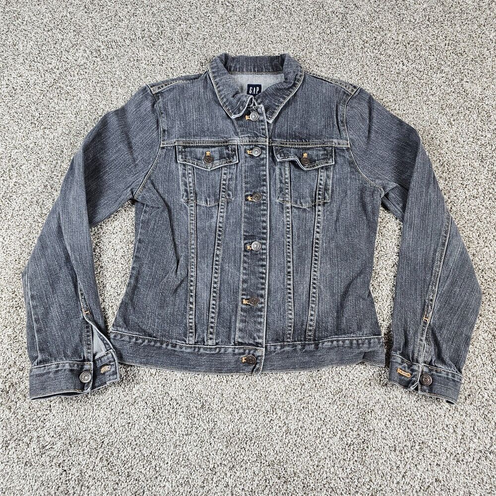 Vintage Gap Denim Jacket Womens Youth Medium Black Stretch Trucker Y2K Button